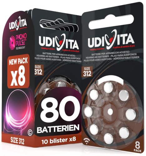 80 Batterien Für Hörgeräte Udivita - Braune Größe 312 - Phono Pulse Technologie - 10 Blister mit 8 Batterien