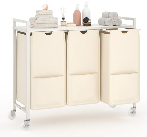 Garvee Wäschekorb-Organizer, Wäschekorb mit Ablage und 3 herausnehmbaren Wäschesäcken aus Oxford-Gewebe, 3 x 48,5 l (12,8 Gallonen), Organizer für Waschküche, Badezimmer