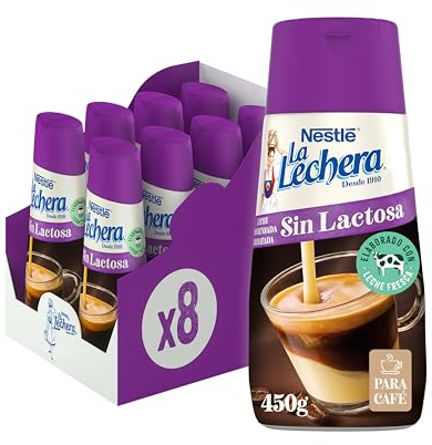 La Lechera Nestlé Leche condensada desnatada sin lactosa - Botella de Sirve Fácil Caja 8 x 450 g | Leche condensada desnatada sin lactosa en botella sirve fácil, ideal para café.