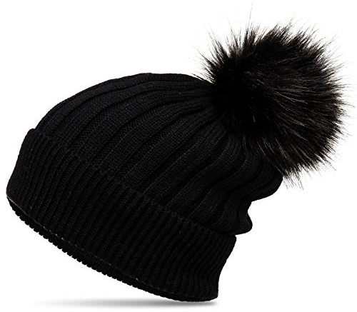 Caspar MU204 Gefütterte Damen Strick Long Beanie Mütze mit tierschutzgerechtem Kunstfell Bommel, Farbe:schwarz, Größe:Einheitsgröße