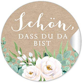 72 STICKER Aufkleber Hochzeit Schön, dass du da bist Eukalyptus Boho Greenery Kraftpapier Look Rosen weiß grün Gastgeschenke Marmelade Hochzeitsmarmelade Tischdeko Selbstgemachtes, 4cm rund matt