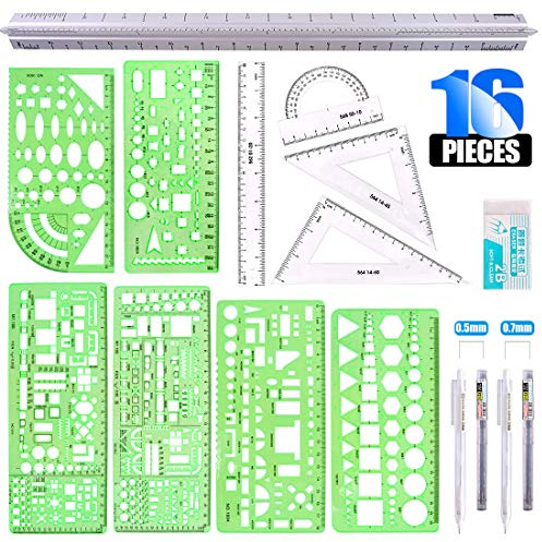 Glarks 16 stencil di misurazione per casseforme, righelli per disegno geometrico e righello triangolare per architetto, con matita, mine di ricarica, gomma per ufficio e scuola