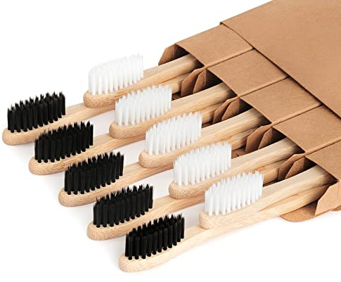 NUDUKO Bamboo Toothbrushes Biodegradable Toothbrush 10 Pack - Eco-Friendly, Natural Wooden Tooth Brush, BPA Free Travel Size Organic Soft Bristle Toothbrush, Soft Toothbrushes for Adults