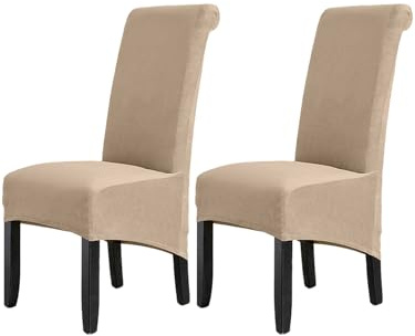 LANSHENG Velvet Dining Chair Covers Set of 2, Washable Chair Covers XL | Stretch High Back Chair Seat Slipcover, Large Kitchen Chair Protector for Dining room, Restaurant, Hotel, Khaki