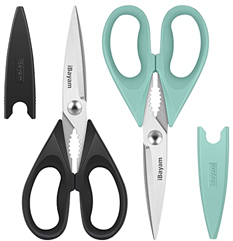 iBayam Tijeras de cocina para cocinar, 2 unidades, resistentes tijeras de carne, aptas para lavavajillas, tijeras de cocina multiusos de acero inoxidable, para pollo, aves de corral, pescado, hierbas