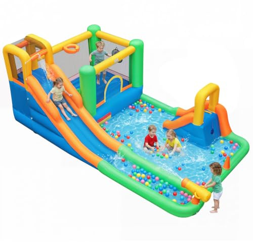 COSTWAY Inflatable Bouncy Castle, 11-in-1 Water Park with Double Slides