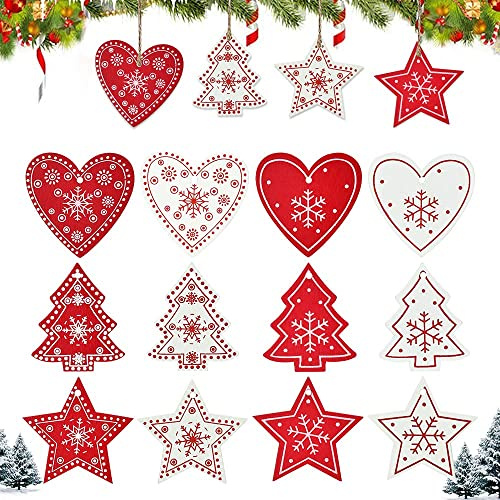 BUENTYA 120 Stück Weihnachtsanhänger Holz Christbaumanhänger Rot Weiß Holzanhänger Weihnachten DekohängerWeihnachtsbaum Holzdeko mit Schnur Geschenkanhänger Holz Baumanhänger Paketanhänger für Deko