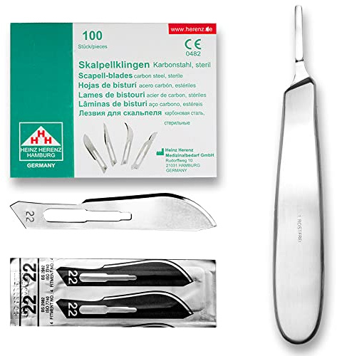 May Set: 100x Skalpellklinge Figur 22 & Skalpellhalter bauchig Edelstahl | 100 sterile Ersatzklingen inkl. bauchigem Griff für Einsätze in der Podologie