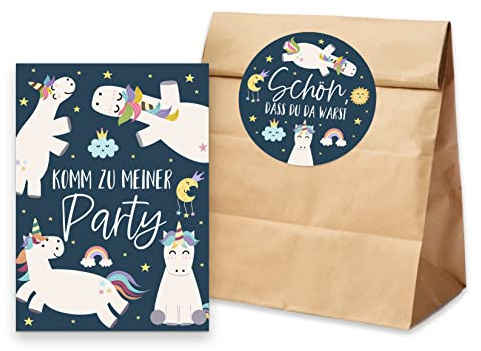 Nastami 10 x Einladungskarten Kindergeburtstag Einhorn + 10 Tüten inkl. Sticker Mitgebsel Kindergeburtstag (Einhörner)