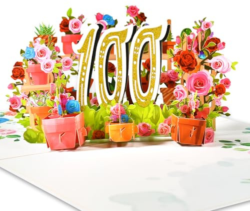 GREETING ART 100. Geburtstagskarte, Pop-up-Karte zum 100 Jahrestag,Blume Pop Up Grußkarten, 3D Pop Up Karte Geburtstag Grußkarte für Frauen Mütter Ehefrau Männer Freunde Romantik Geschenk-Karte