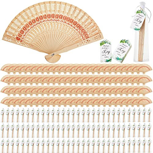 Kathfly Holzfächer, faltbar, 20,3 cm, Vintage-Stil, 100 Stück Geschenkbeutel und 100 Karten für Hochzeit, Party, Geburtstag, Babyparty, Retro, 100 Stück
