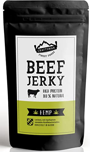 Craftsman Beef Jerky Hemp 250g Großpackung | 100% Natürlich | Ohne Zucker | Trockenfleisch aus Deutschland - Bayern | Weiderind | 68% High Protein | mit Hanfsamen
