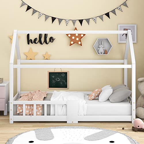 Moimhear Kinderbett Hausbett 90 x 200 cm, Holzbett für Kinderzimmer, inkl. Tafel|Lattenrosten|Rausfallschutz, aus Kiefernholz, Weiß (ohne Matratze) (Weiß)