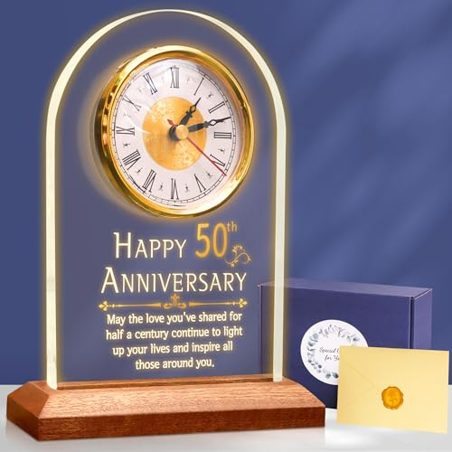 OkiyiD Crystal Clock 50th for Parents – Golden Wedding Anniversary Present for Mum and Dad – Illuminated Desk Clock with Wooden Base – Nightstand Decor for Bedroom