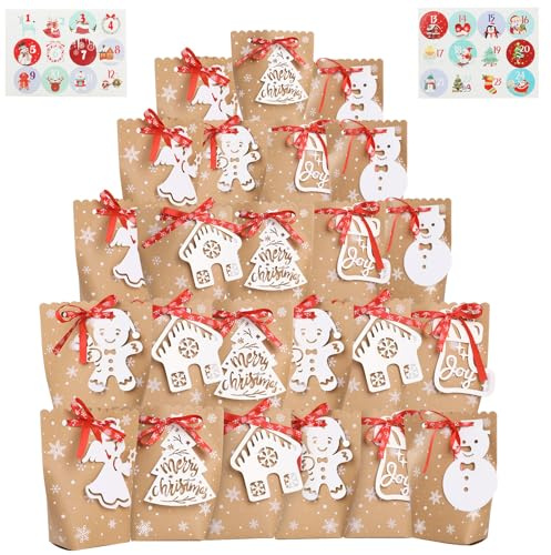 Bigqin 24 Stück Weihnachten Geschenkboxen, Geschenktüten Kraftpapier Tüten mit Weihnachtsanhänger und Bänder, Süßigkeitenbox für Weihnachts Geschenk - 9 x 6.5 x 18cm