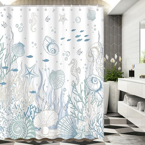 Lerores Duschvorhang 240x200 cm Meeresboden,Antischimmel Textil,Beschwerter Saum Wasserabweisend,Waschbar Polyester Stoff Badevorhänge mit 16 Ösen und Duschvorhangringe für Badezimmer,Badewanne