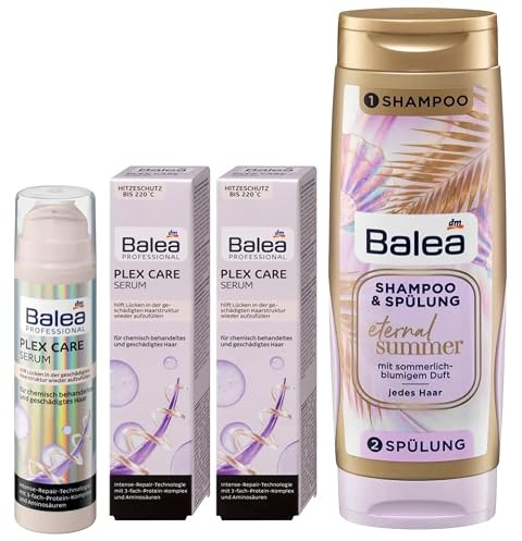 Balea 3er-Set Haarpflege: Professional Leave-In-SERUM PLEX CARE stärkt geschädigtes Haar, baut auf, glättet die Haarstruktur (2 x 50 ml) + Twinpack ETERNAL SUMMER Shampoo & Spülung (300 ml), 400 ml