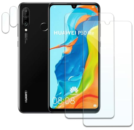 AYWLPP Schutzfolie für Huawei P30 Lite, 2 x Gehärtetes Glas Displayschutz und 2 x Kameraschutz, Panzer Schutz Glas, HD Displayschutzfolie, 9H Härte, Hat Keinen Einfluss auf die Hülle, Anti-Kratzen