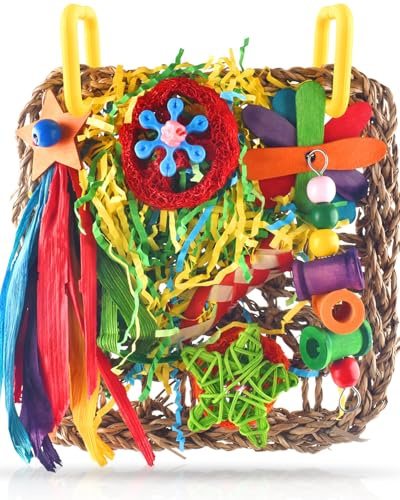 Cockatiel Toys, ERKOON Budgie Toys Foraging Toy Hanging Bird Toy for Lovebrid Parakeets Conures Parrot Foraging Wall with Colorful for Birds Shredding Seagrass, Birds Cage Accessories
