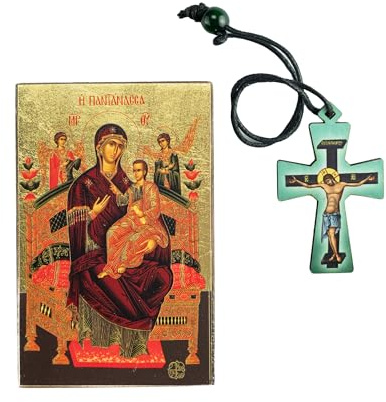 VATOPEDI MONASTERY MOUNT ATHOS Panagia Pantanassa Ikone der göttlichen Gnade und Holzkreuz-Anhänger – Geschenkset vom Berg Athos, Holz