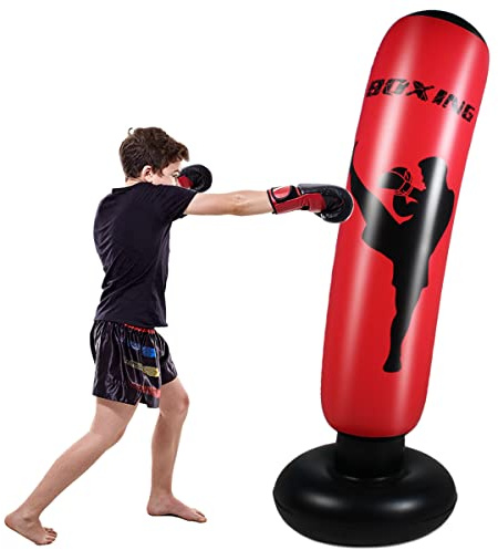 Tung boxningssäck för barn, boxningssäck, stående kickboxningsväska med stativ, boxning, dummy, uppblåsbara, coola roliga leksaker för pojkar, sport, gåvor, utomhusaktiviteter, gårdsspel (170 cm röd)