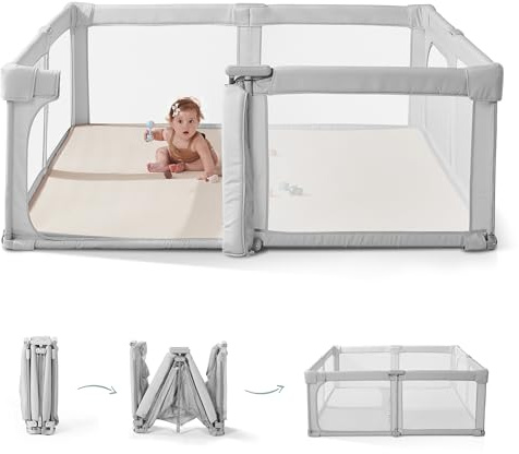 Doradotey Baby Playpen with Drop-Down Gate, Pre-Assembled Foldable Playpen for Babies & Toddlers, Portable Indoor & Outdoor Baby Play Yard, 360° Breathable Mesh, 150 × 150 cm, Grey