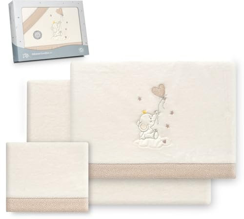 Interbaby - Juego Sabanas Cuna 60x120 Poliester 100% | Sabana Cuna Coralina, Cálida, Suave | Incluye Sabana Bajera, Encimera y Funda de Almohada | Ideal para Invierno | Elefante Globo Corazón Beige