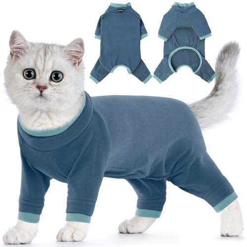 Chaleco Polar para Gatos, Chaqueta de Invierno Abrigo Otoño Invierno Caliente Pullover Suave Fleece Onesie Felpa para Gatos Body Postoperatorio(Azul-Gris, XL)