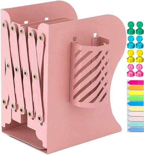 Sujetalibros Estanteria, Sujeta Libros Metálica Sujetalibros Estanteria Antideslizante Soporte Extensible para Libros de Escritorio para Oficina, Escuelas, Decoración del Hogar (Rosa)