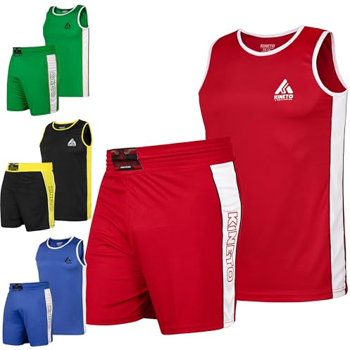 KINETO Kids Boxing Shorts and Vest Uniform Set (Ages 7-16) – Available in Blue, Black, Red, and Green – Premium Training & Competition Gear