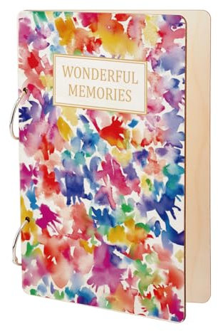 SUPERDANT Wooden Loose Leaf Binder Wonderful Memories Greeting Card Organizer Postcard Photo Album 2-Rings Cover Watercolor Strokes Card Keeper Book Holder Organizer Card Keepsake Cover