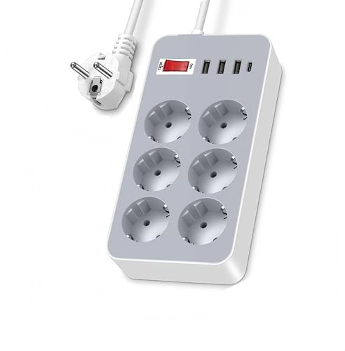 LELYFIT Parasurtenseur Multiprise, Multiprise 6 Prises avec Interrupteur,3 USB +1 Type C,avec Protection Contre Les Surcharges, Rallonge de 1.8m
