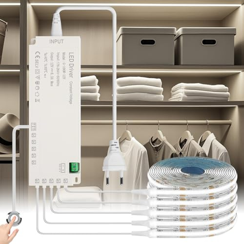 KSIBNW COB LED Streifen 1M, 6 Rollen 12V Strip 6000K Weiß Lichtstreifen mit Berühren Dimmer Schalten Schneidbar LED Vitrinenbeleuchtung für Weinschränke, Regal, Schränke, Küche, Vitrinen, Shelves