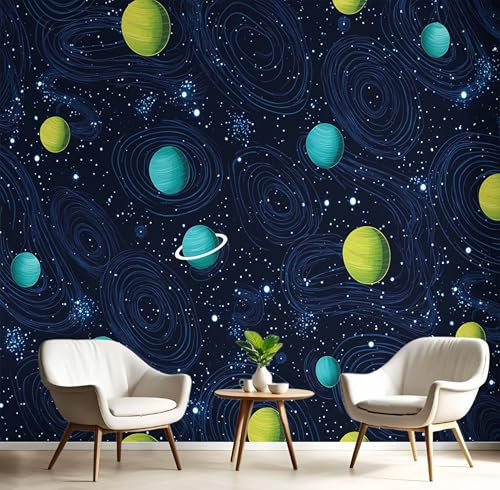 Fotomurales Remolino Planetario 300X210Cm Papel Pintado Decoración De Pared Dibujo Abstracto A Mano, Murales Póster Azul Cobalto Efecto 3D, Decorativos Murales Para Dormitorio Salón Tv Pared