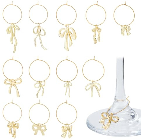 DICOSMETIC 24 Stück 12 Stile Wein Glas Charme Schleife Glas Anhänger Legierung Schleifen Marker Perlenring Mit Fliege Anhänger Wein Gläser Identifier Charme Für Party Weine Verkostung Dekor