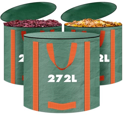 LUOJINYI 3X 272L Gartenabfallsack Stabil, Selbststehend Gartensack Laubsack mit Deckel und Griffen, Wiederverwendbar Grünschnittsack Laubsammler für Grünschnitt Laub Rasenschnitt Gartenabfälle