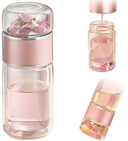 CAKEEYUM Tea Infuser Bottle 9oz Double-Wall Glass Tea Tumbler with Stainless Steel Infuser for Loose Leaf Home Office Travel Bottle with, Tumbler with, Cup, Travel I