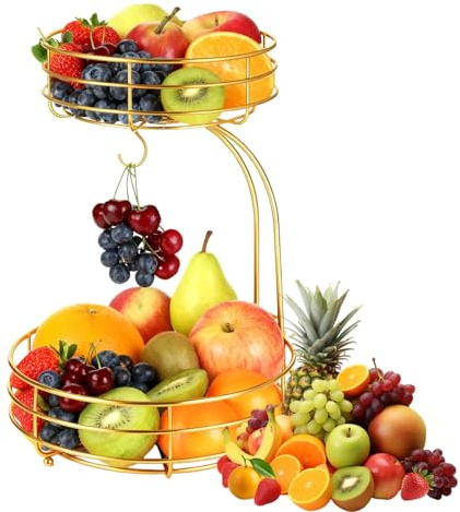 YBLUE 2-Tier Countertop Fruit Basket Bowl with Banana Hanger, Metal Bowls | Vegetable and Fruit Storage Basket Perfect for Holding Fruit, Vegetables, Snacks, Cupcakes