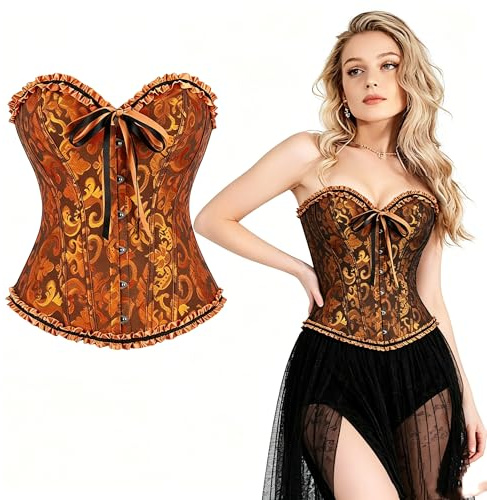 SilverChry Corset Mujer, Corpiños Mujer, Corset Reductor Top Fajas, Bustier Corsé Cortesano Overbust Gótico, Ropa Gótica Disfraz Pirata Palacio Bandeau (FR/ES, Letras, XL, Regular, Regular, Oro)