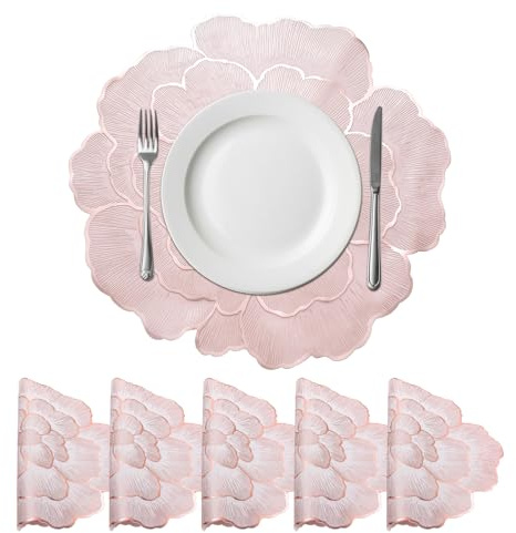 QUARKZMAN Set Di 6 Sottopiatti Rotondi Lavabili 15 X 15/38 X 38Cm | Con Stampa Floreale Rosa Bianca E Rosa, Polivinile Metallizzato, Per Tavoli Da Pranzo