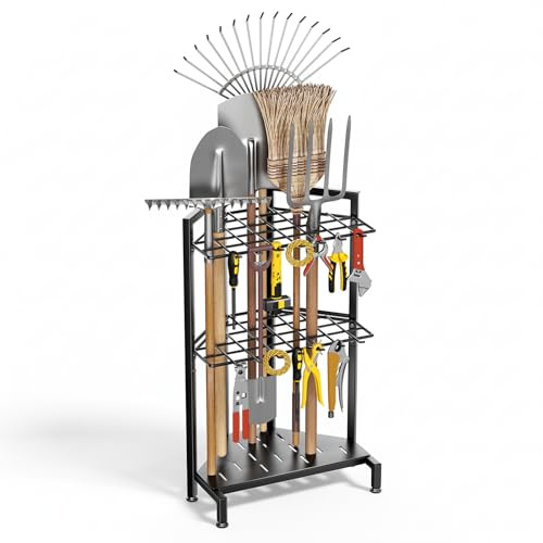 Jradse Organiseur Outil de Jardin, Support à Outils d'Angle pour Garage, jusqu'à 34 outils manche, 14 Crochets, Support de Jardin en Acier Résistant avec Pieds Réglables pour Râteaux, Pelles, Balais