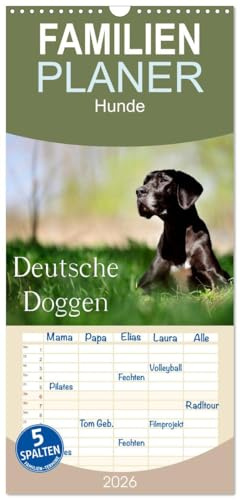 Familienplaner 2026 - Deutsche Doggen/Geburtstagskalender mit 5 Spalten (Wandkalender, 21 cm x 45 cm), CALVENDO: 13 wunderschöne Doggen-Motive für das ganze Jahr (CALVENDO Tiere)