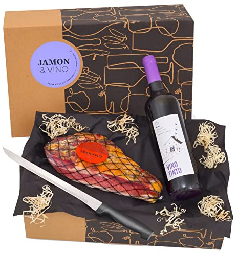 Präsentkorb Jamón & Vino, Serrano Schinken und Rotwein Geschenk-Set | Mini-Schinken ca. 1 kg, Schinkenmesser und spanischer Rotwein, geschenkfertig in Geschenk-Box, Geschenk für Genießer