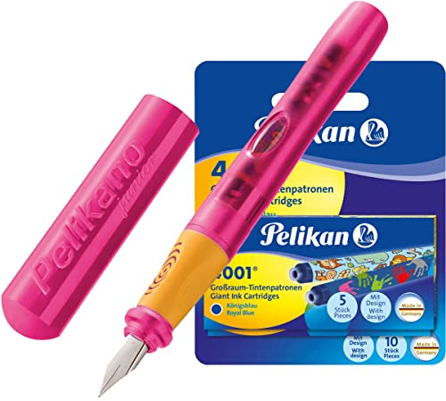 Pelikan - Pelikano Junior Füllhalter für Linkshänder P67, Feder: A, Schaftfarbe: [ pink ] + 10 Großraum-Tintenpatronen GTP