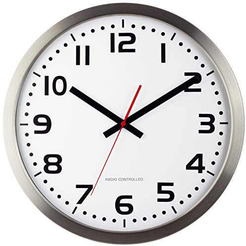 Eurotime Funkwanduhr,schrittsekunde, 40 cm, Edelstahlgehäuse, Echtglas, klares 12-Zahlen Zifferblatt, automatische Zeitein- und Zeitumstellung, für Wohnbereich oder Büro, rote Sekunde, 59990-07