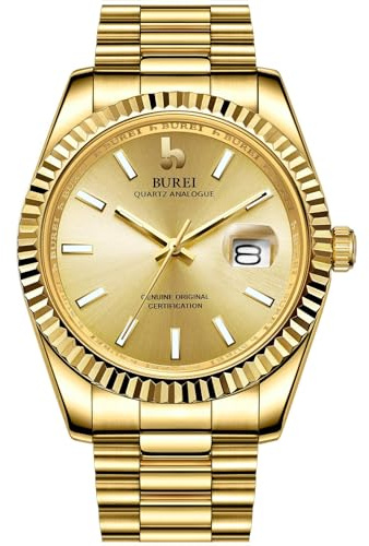 BUREI Luxus Herrenuhr Analog Quarzuhr Datumsanzeige mit Saphirglas Leuchtend und Edelstahlarmband (Gold)
