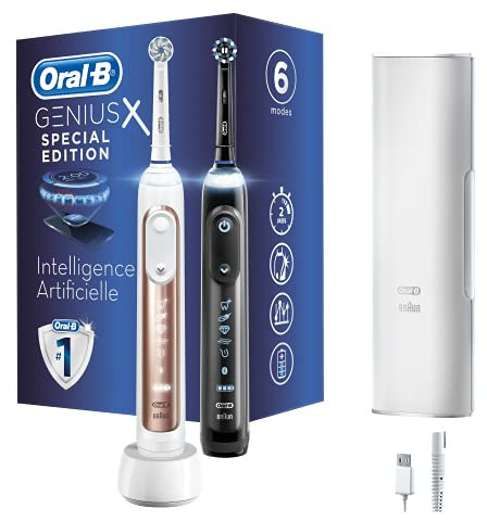 Oral-B Genius X - 20900 Spazzolino Elettrico Ricaricabile, Confezione con Due Spazzolini Dotati di Intelligenza Artificiale, 2 Testine, 1 Custodia da Viaggio