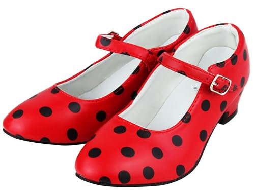 Flamenco-/Sevillana-Schuhe, Tanzschuhe für Damen / Mädchen, Rot mit schwarzen Punkten, Schwarz - rot - Größe: 37 EU