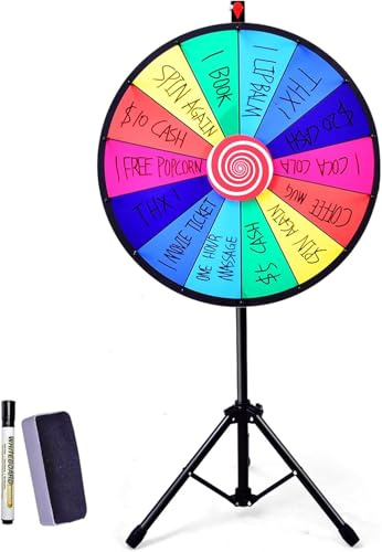 RELAX4LIFE Ruleta de la Suerte de 60 cm con 14 Ranuras, Altura Ajustable 111-167 cm, Cepillo y Marcador Borrable, Rueda de la Fortuna con Soporte de Metal Desmontable para Fiestas, Ferias (Φ60 cm)