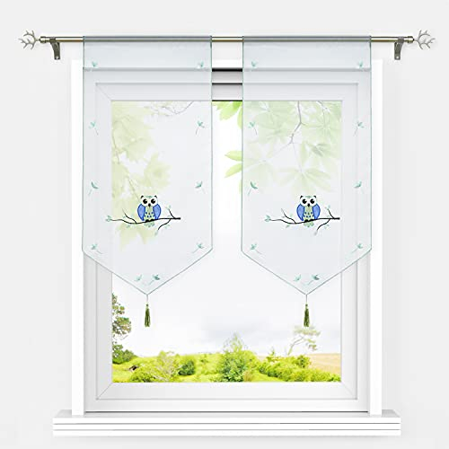 HeichkelL Voile Scheibengardinen Eule Muster Transparente Bestickte Bistrogardine mit Quaste Fenster Gardinen Tunnelzug Panneaux Kurzstores Grün BxH 40x90 cm 2 Stück